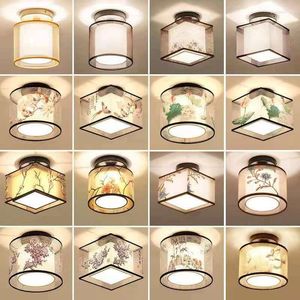 Ceiling Lights Chinese Style 12W Led Bulb Lamp Embroidery Fabric Lampshade For Home Room Decor Aisle Lighting Fixtures