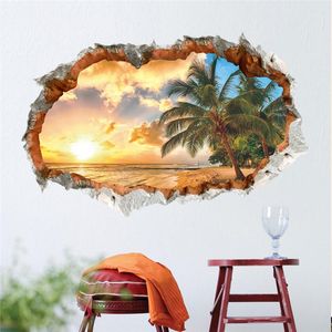 Solnedgång SeaBeach Coconut Wall Art Stickers för kontorsbutik vardagsrum sovrum hem dekoration 3d trasigt hål landskap väggmålning dekal