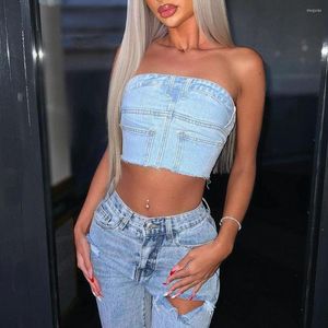 Kadın Tankları Moda Seksi Straplez Korse Denim Tüp Mahsulü Üstler Kadınlar Yaz Y2K Sokak Giyim Kapalı Omuz Fermuarı Jean Club Wear