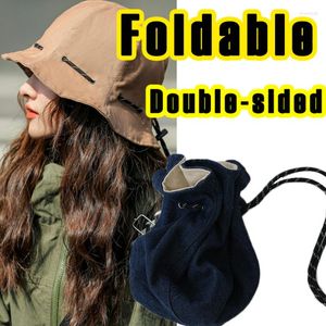 Berets Fashion Double-side Foldable Coin Pocket Purse Drawstring Multifunctional Denim Bucket Caps Sunshade Sunscreen UV Fisherman Hat