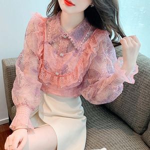 Kvinnors blusar Elegant spetsbroderi ol Style Långärmad chiffongskjorta Summer Autumn Chic Top Loose Sweet Women Clothing Commute Blus