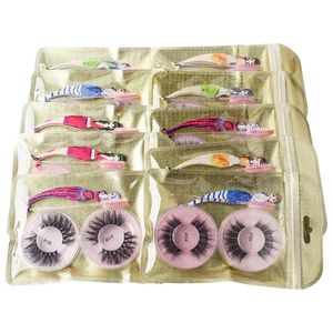 Makeup False Eyelashes 3D Eye Lashes 2 Pairs Fake eyelash with Tweezer Extension Brush Handmade Lash Soft Comfortable Thick Cross Lightweight Set