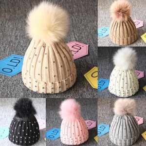 Berets Winter Warm Pelz Pom Gem Bommel Strickmütze Mütze Kleinkind Wollgarn Hüte