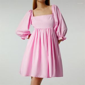 Party Dresses Women Solid Color Square Neck Short Dress Summer Puff Sleeve Low-Cut A Line Pink/Yellow S/M/L/XL/XXL