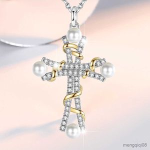 Pendanthalsband Korean Fashion Silver Plate Pearl Cross Necklace For Women Zircon Birthstone Twisted Gold Jewelry Gifts R230612