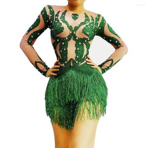 Stage Wear Performance Show Nightclub Outfit Sexy Crystal Fringes Leatard Sparkly Crystals Green Tassel Bodysuit Danskostuum