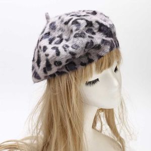 Basker Autumn Winter Leopard Print Warm Rabbit Fur Ocongonal For Women and Girls Beret Paint Hat Beanie Cap 11 G220612