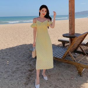 Sukienki swobodne Summer Yellow Maxi Slip Sukienka Kobieta 2023 Długa elegancka wróżka wychodzenie z paska na wesele dla druhny