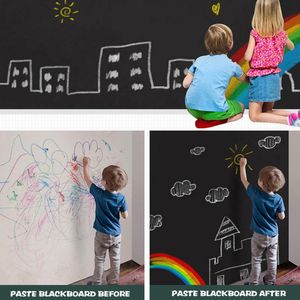 200 x 60 cm Wandaufkleber für Kinderzimmer, Tafel, selbstklebende Tafel, wasserfest, wiederverwendbar, schwarze Tafel mit Kreide in 5 Farben