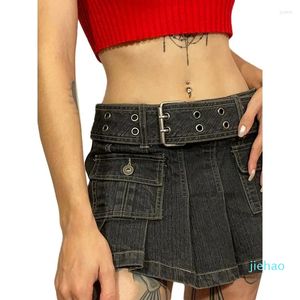 Saias Feminina Primavera Verão Y2K Estética Cintura Baixa Mini Saia Denim Cor Sólida Plissada Multibolsos Com Cinto Desgaste Clube