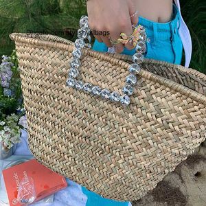 Bolsas de ombro Moda Diamantes Handle Rattan Bolsas Vime Tecido Grande Bolsa Feminina Cesta Casual Verão Praia Bolsas Palha Grandes Bolsas Bali Tote