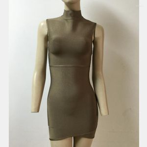 Sıradan Elbiseler Yaz Moda Yeşil Zeytin Kolsuz Boğaz Rayon Mini Bodycon Bandaj Elbise