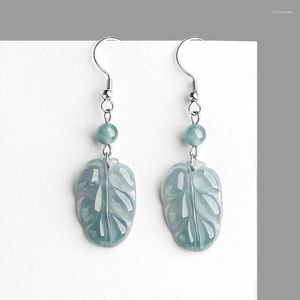 Dangle Earrings Burmese Jade Leaf Real Blue Talismans Jadeite Natural Stone Gifts Chinese 925 Silver Jewelry Amulets Women Vintage