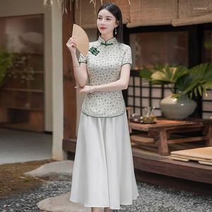 Abbigliamento etnico Tang Suit Summer Chinese Traditional National Style Migliorato Cheongsam Top e gonna Due pezzi Tangzhuang Set Wear