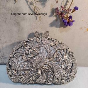 Totes Woman Silver Flower Wedding Bridal Handbag Hollow Out Crystal Party Clutch Purse Birthday Dinner Floral Diamond Gift Evening Bag