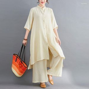 Ubranie etniczne 2023 Summer Plus Dwa kawałki Zestaw Linen Tang Suit Chiński styl Kobiety Tops Lose szerokie spodnie nogi kobiet 30745
