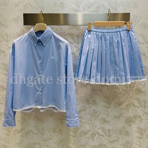 Fashion Women's Long Sleeved Blue Striped Blouse Shirt Short Skirt Set with White Lace Edge Patchwork Decorative Dresses