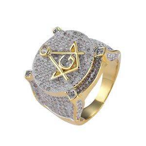 Pierścienie opaski Hip Hop Gold Splated mosiężne lody Micro Pav Cubic Zircon Pierścień Masoniczny Urok dla mężczyzn Prezenty z 6-13 J230612