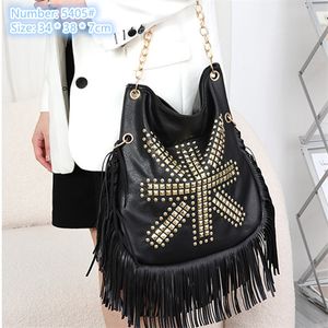 wholesale ladies shoulder bags street personality tassel punk messenger bag large capacity solid color leather knapsack trend hand-made rivet handbag 5405#