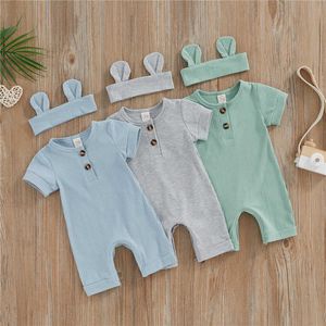 Jumpsuits Summer newborn girl boy jumpsuit short sleeved staff neckline solid baby playsuit G220606