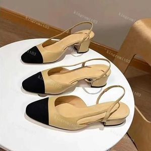 Designer Calfskin Sandals Pumps Beige Mary Jane Shoes Women Dress Shoes Black Toe Interlocking Strap Sandal Slingbacks Mid Block Heels Summer Slides