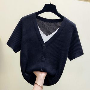 Women's T Shirts 2023 Slim Knitted Pullover Summer V-Neck randig lapptäckning Kvinnor Ice Silk Thin Short Sleeve All-Match Tops Femme P104