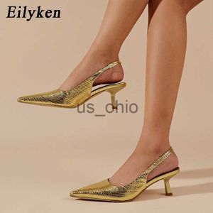 Сандалии Eilyken Gold Silver Thin Low Heels Women Womers Pumps Fashion Gladiator Sandals Slingback Party Parted Toe Prom обувь J230612