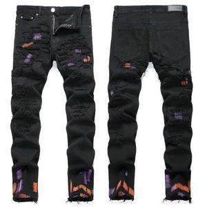 Jeans masculinos com costura colorida em preto envelhecido ajuste streetwear