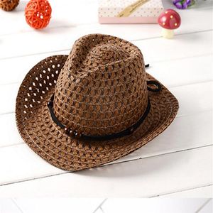 Kids Cowboy Beaded Straw Sun Hat Beach Visor Cap Outdoor For Summer 324o