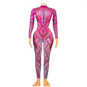 Roupa de palco Macacão de lantejoulas rosa brilhante Fashion Spandex Stretch Brilhante Traje de dança Bodysuit de uma peça Roupa de boate Leggings de festa