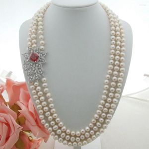 Chains 3 Rows 7-8mm White Freshwater Cultured Pearl Micro Inlay Zircon Accessories Flower Connector Sweater Necklace Long 54-60 Cm