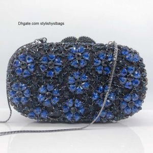 Totes Blue Champagne Flower Stone Woman Clutch Bag Diamond Crystal Banquet Birthday Gift Evening Purse Metal Wedding Bridal Handbag