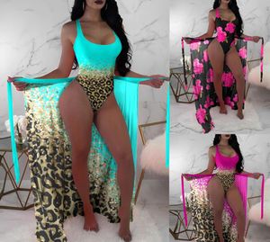 Women's One Piece Swimwear Summer Fashion Sexy Contrast Leopard One Piece Swimsuit with Cover Up Beach Vacation