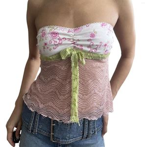 Women's Tanks Y2K Lace Tie Up Backless Camis Women's Crop-top Floral Print Patchwork Mesh Sheer Strapless Tube Tops Fairy Cottage Tank