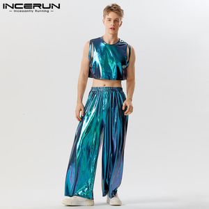 Herren-Trainingsanzüge INCERUN Modische Herren-Sets, hell glänzend, kurze Tank-Tops, weites Bein, Hose, stilvoll, männlich, solide, bequemer Anzug, 2 Stück, S-5XL, 230612