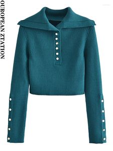 Kvinnors tröjor Kvinnor Ribbed Polo Collar Sweater 2023 Långa ärmar Crop Sticke Top Green Pullover med Snap Buttons Clothing