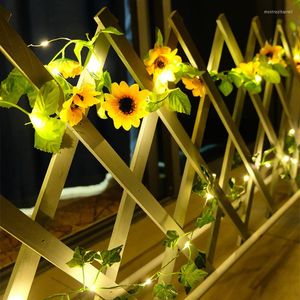 Strängar 10m 100 -lampor LED Solenergi Sunflower Fairy String Lights Green Leaf Vine Light Garden Outdoor Wall Fact Lamp Party Decor