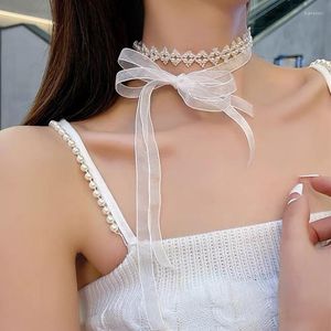 Choker Romantic Sweet Crystal Pearl Necklace Women Girl Summer Aesthetic Lace Up Clavicle Cute Beads Flowers Ribbon Necklaces