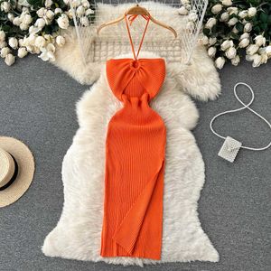 Casual Dresses Halter Crochet Bodycon Dress Cut Out Sexy Split Dresses Off Shoulder Backless Party Vestido Korean Women Chic Fashion Robe Y2k Z0612