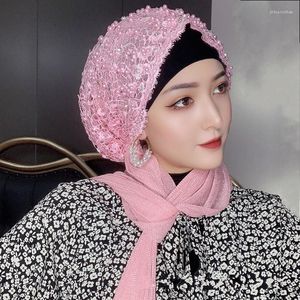 Roupa étnica Eid Muslim Elegante Frisado Boné Renda Flores Hijabs Feminino Xales Islâmico Meninas Moda Cachecol Dubai Longo