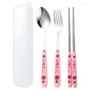 Dinnerware Sets Strawberry Set Stainless Steel Spoon Fork Knives With Case Travel Utensils 3 In 1 Kitchen Accessories