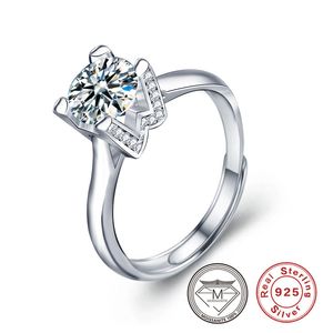 925 Sterling Silber Moissanit Eheringe Buchstabe W auf der Seite Muster 4 Zinken Set 1 Karat D Farbe VVS1 Moissanit Stein Verstellbarer Ring für Frauen Geschenk