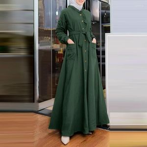 Ethnische Kleidung Arabisches muslimisches Kleid Hijab Abaya Langarm Islamische Taillenfalte Frauen Knöchelrock Türkische Modesty Robe Jilbab mit Schnürung