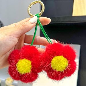 Keychains Plush Ball Real Keychain Sweet Cute Flowers Toy Women Bag Ornament Car Key Pendant Metal Ring Trinkets Birthday Gifts