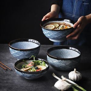 Bowls Japanese Sea Ripple Big Soup Bowl Ceramic Tableware Simple Retro Noodle Salad Fruit Container Home Kitchen Supplies