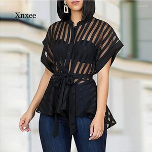 Women's T Shirts Women Mesh Net Blouse Sheer Short Sleeve Ladies Shirt Black Front Hollow Sexy Tops Womens Clothing Summer Female Blouses