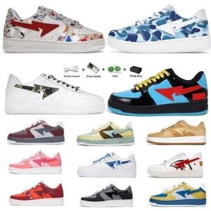 With box Designer Shoes For Mens Womens Bapestas Outdoor Trainers Patent Leather Black White Shark Sax Blue ABC Camo Green White Flats Riding Walking Sneaker