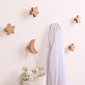 Hooks 1Pc Star Moon Wooden Hook Multi-Purpose Key Holder Coat Storage Rack Wall Self Adhesive Children Room Decoration Gadgets