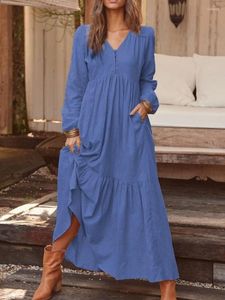 Casual Dresses Summer 2023 Cotton Linen Long Maxi Women Sleeve V-neck Pockets Dress Elegant Solid Loose Big Swing