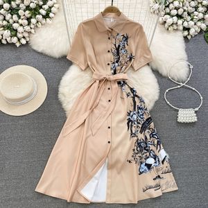 Sommer luxuriöser Licht und Luxusstil Lappel Taille Slim Single Breasted A-Line Printed Shirt Kleid elegantes langes Kleid